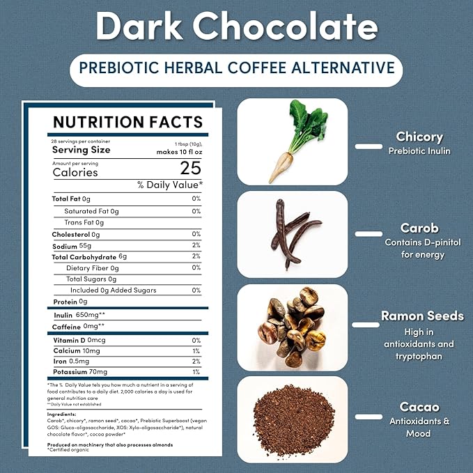 Teeccino Dark Chocolate Prebiotic SuperBoost™ Coffee Alternative - Support Probiotics with Caffeine-Free Herbal Coffee Featuring 3 Vegan Prebiotics for Gut Health, 10 Ounce