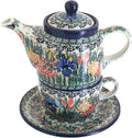 Blue Rose Polish Pottery - Blue Summer Blooms Tea For One - 2 Cup Capacity - Decorative Teapot with Matching Cup, Unique Gift for Tea Lovers and Collectors