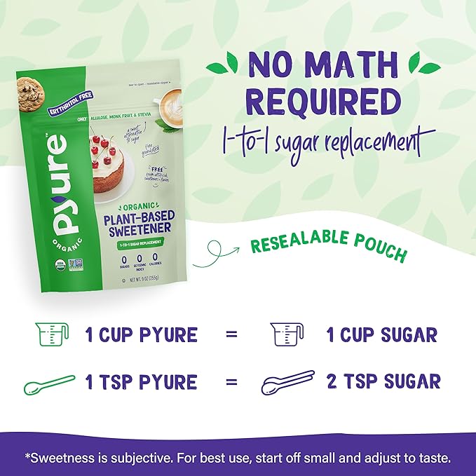 Pyure Organic Plant-Based Sweetener | 1:1 Sugar Replacement | Made with Allulose, Monk Fruit & Stevia | No Erythritol | Keto, Diabetic & Vegan Friendly | USDA Organic, Non-GMO | 9 oz