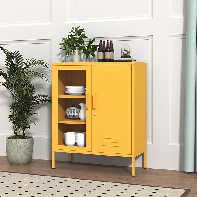 Lockable Metal Storage Locker Djustable Shelves Modern Cabinets Versatile Storage Lockers Easy Assembly Durable Metal Furniture Garage Tool Cabinet Yellow Size：33" H X 29.5" W X 13.8" D