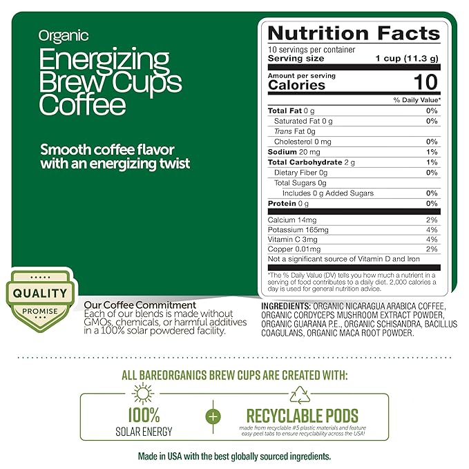 BareOrganics Energy Medium Roast Coffee, Organic, 10 K-Cup Pods, Superfoods & Probiotics Infused, Vegan, Gluten Free, 10 Single Serve Cups