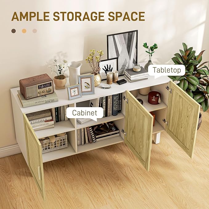 HOMCOM Boho Sideboard Buffet Cabinet, Coffee Bar Cabinet with 3 Rattan Doors and Adjustable Shelves for Kitchen, Living Room, White and Natural