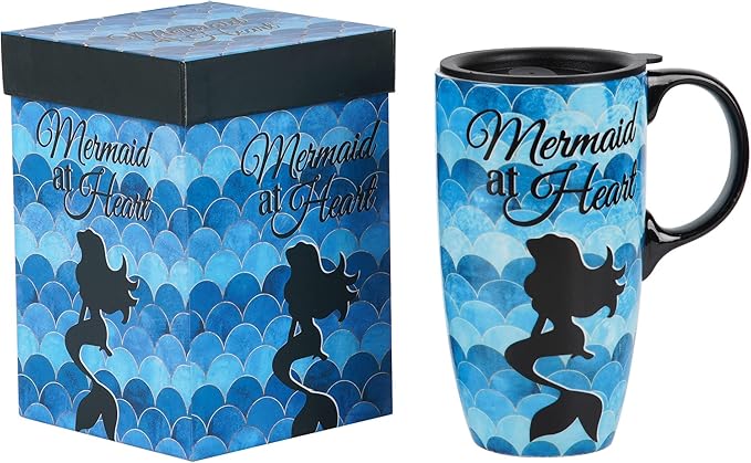 DUSVALLY Ceramic Coffee Mug Travel Cup Gift with Lid 17oz, Tea Cup with Handle for Latte, Cappuccino and Cocoa, Home and Office Porcelain Coffee Cups, Mermaid at Heart