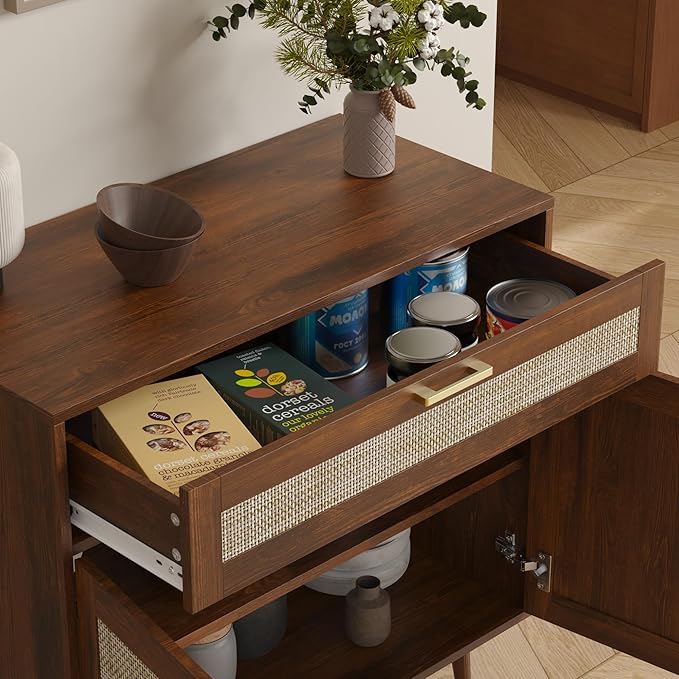 Rattan Sideboard Buffet, Boho Kitchen Cabinet with Drawer & 2 Doors, Modern Mid Century Accent Cabinet with Adjustable Shelf, Coffee Bar for Living Room, Entryway, Kitchen, Walnut