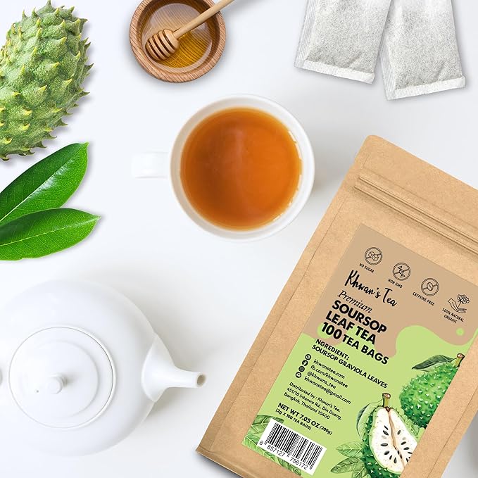 KHWAN’S TEA Premium Soursop Tea Bags, Pure Graviola Leaves, Handpicked Guanabana Leaf Herbal Tea, Caffeine-Free, No Sugar, Gluten-Free, Flavorful & Nutrient-Rich, Soursop Leaves Tea (2g/bag)