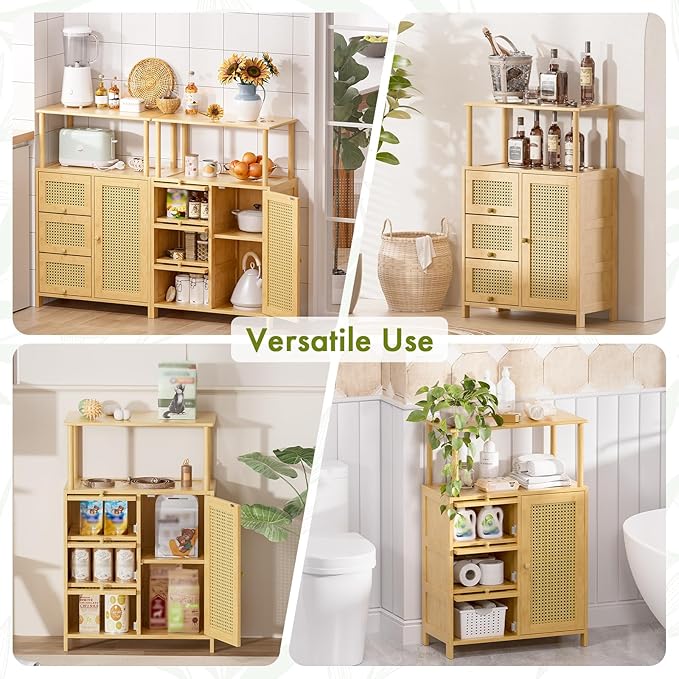 Amazer Sideboard Buffet Cabinet with Storage, Bamboo Storage Cabinets, Rattan Sideboard with Adjustable Shelf, Pantry Cupboard for Kitchen Living Room Entry Coffee Bar, Natural Color