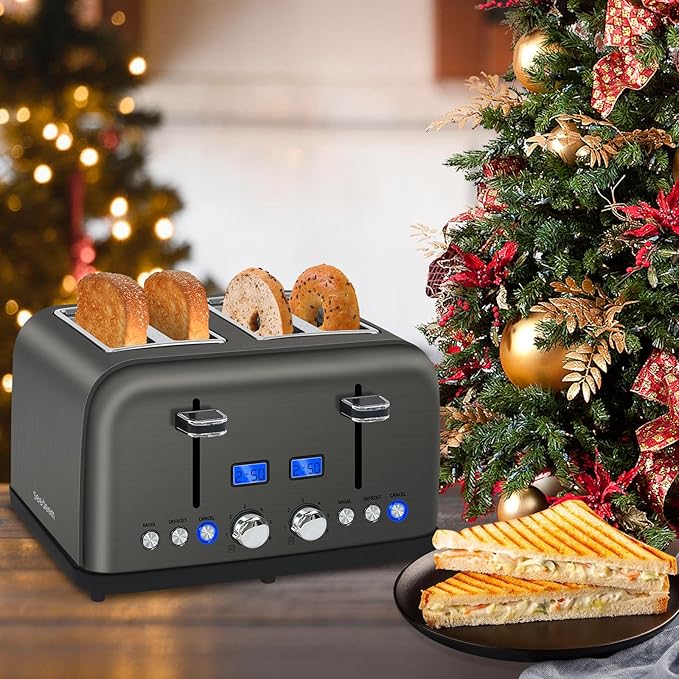 SEEDEEM Toaster 4 Slice, LCD Display, 6 Shade Settings, 1.5'' Wide Slots, Digital Stainless Toaster for Bagel, Defrost, Reheat, Dual Control, Removable Crumb Tray, 1500W, Dark Metallic