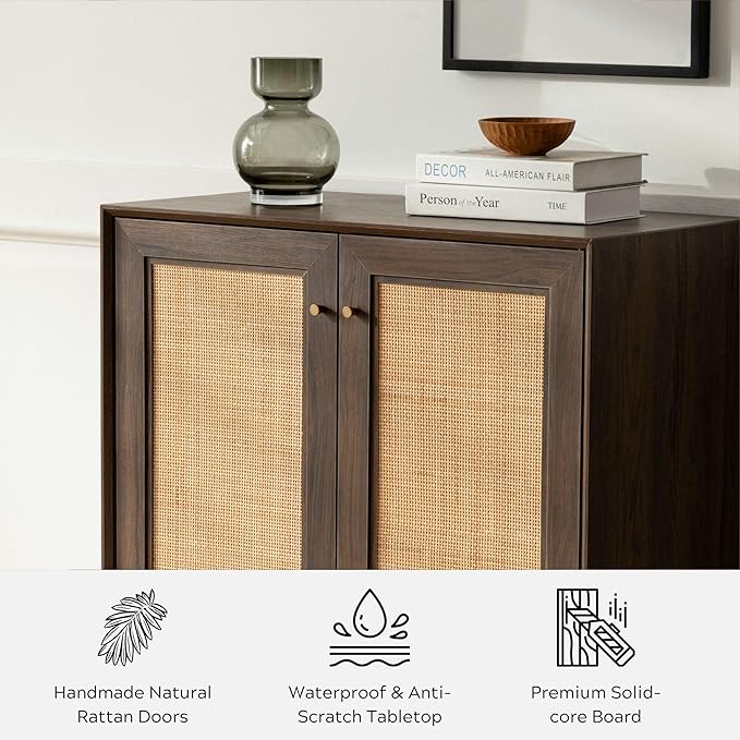 Natural Rattan Cabinet Sideboard with Storage, Boho Free Standing Buffet Kitchen Coffee Bar Accent Cabinet Farmhouse Credenza for Entryway, Living Room (Square Doors/Brown)