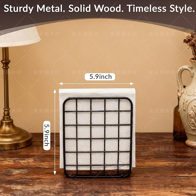 Napkin Holder for Table, Farmhouse Wood Napkins Holder with Rustic Brown Base, Standing Napkin Dispenser for Kitchen Countertop, Dining Room, Restaurant or Cocktail Coffee Bar
