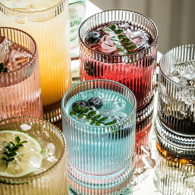 Ribbed Glass Cups Set, 13oz Vintage Drinking Glassware Set, 4 Piece Premium Glassware, Elegant Mixed Glassware Set, Origami Style Cocktail Glasses, Great for Cocktail, Whisky & Beverages (4PCS)