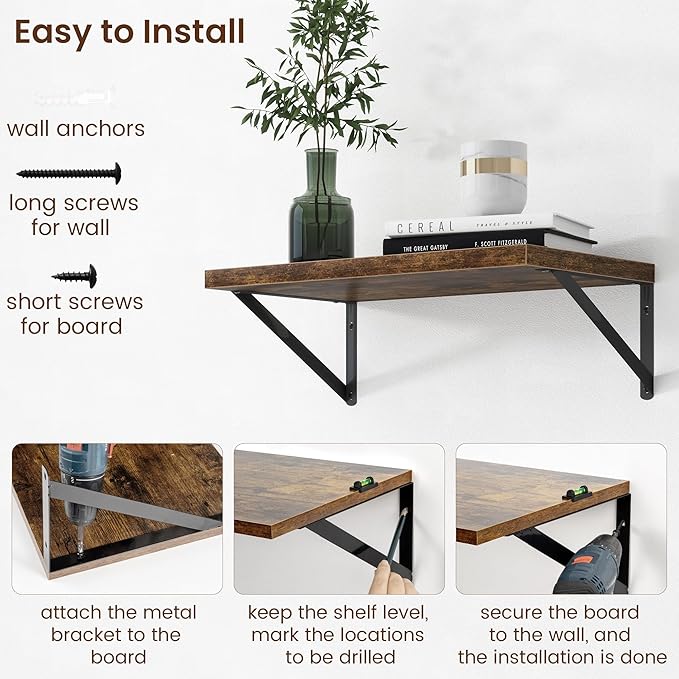 Axeman Deep Floating Shelves - 20 Inch Floating Shelves Set of 2-12 Inch Deep Brown Wood Wall Shelves for Living Room Bathroom Kitchen
