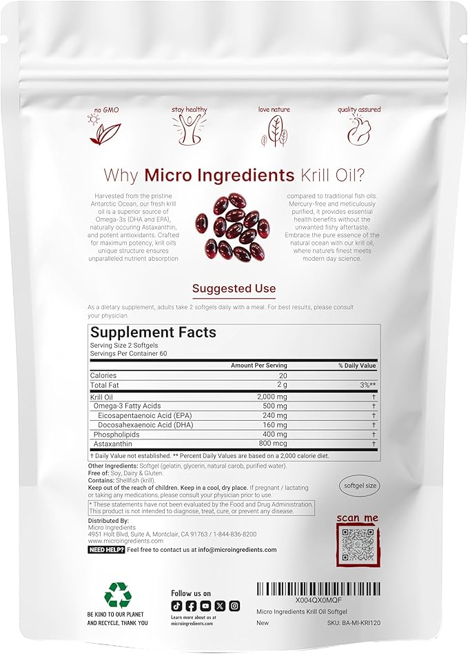 Micro Ingredients Antarctic Krill Oil Supplement, 2,000mg Per Serving, 120 Softgels, Triple Strength, Rich in Omega-3s EPA, DHA & Natural Astaxanthin, Supports Immune System & Brain Health