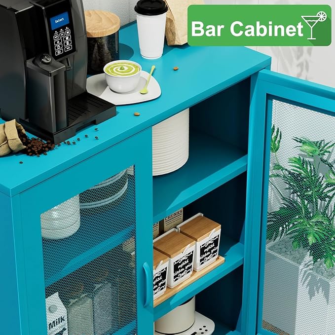 Metal Locker Storage Cabinet with 2 Mesh Doors and Adjustable Shelves,Blue Metal Locker Cabinets,Coffee Bar Cabinet,Kitchen Pantry Storage Cabinets for Home,Sideboard,Office(40" H)