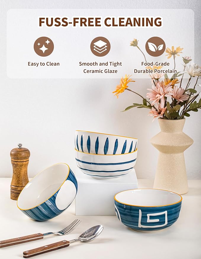 Yeacccng Cereal Bowls Set of 4, 27 Oz Ceramic Soup Bowls, 6 Inch Japanese Ramen Bowl, Decorative Serving Bowls for Kitchen Decor, Scratch-Resistant, Lead-Free, Dishwasher & Microwave Safe, Easy Clean