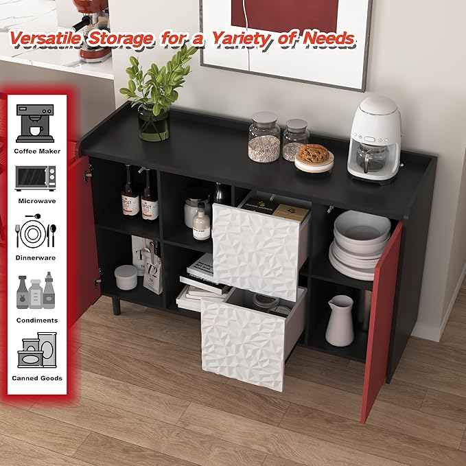 47" Buffet Cabinet with Storage, Modern Coffee Bar, Kitchen Cabinet with 2 Push-to-Open Drawers and 2 Red Doors for Dining Room, Living Room