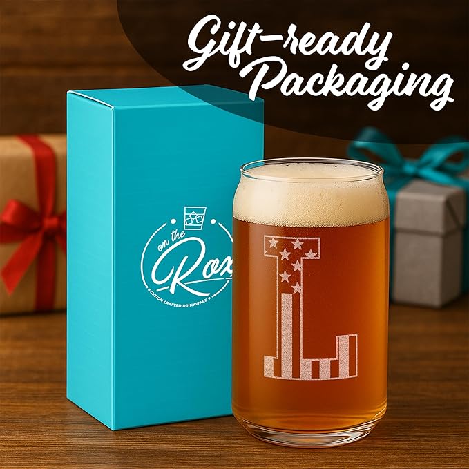 Monogram Beer Glasses for Men (A-Z) 16 oz - Beer Gifts for Men Brother Son Dad Neighbor - Unique Gifts for Him - Personalized Drinking Gift Beer Glass Mugs - Engraved Beer Can Glass (L)