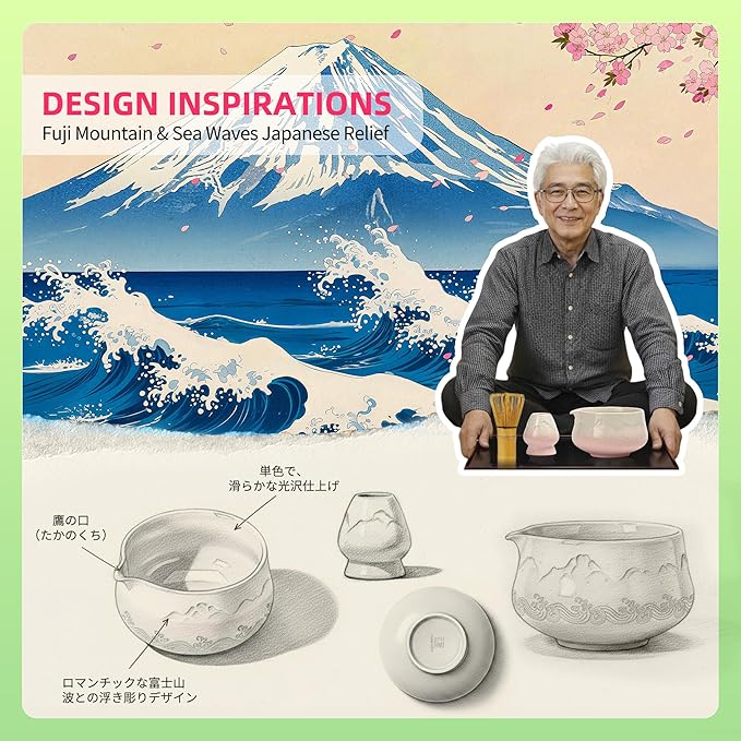 TEANAGOO 7 Pcs Matcha Whisk Set, Pink Matcha Set, Ceremony Matcha Powder Kit,Matcha Tea Set for Making Latte,Matcha Whisk Set and Bowl with Scoop&Sifter,Fuji Design Ceramic Bowl,Gift for Matcha Lovers