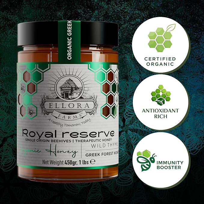 Ellora Farms Organic Honey, Wild Thyme Raw Honey Organic Unfiltered, Preservative and Additive Free, 2025 Paris and Dubai Gold Awards Winner, Gift Pack with Dipper - 450 g