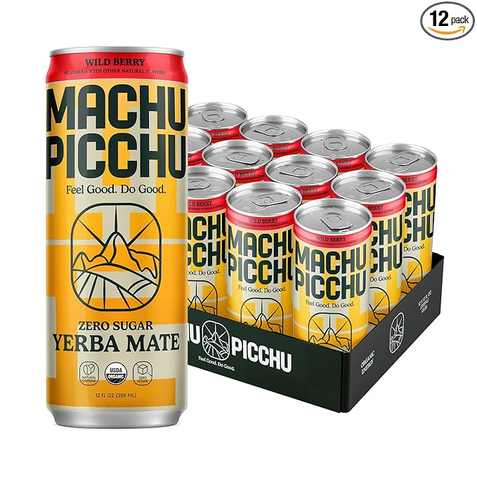 MACHU PICCHU ENERGY, Non-Carbonated Zero Sugar Yerba Mate, Clean Energy Drink Alternative, 12oz (Pack of 12) – 120mg Organic Green Coffee Bean Caffeine, Low Calorie, USDA Organic, No Artificial Flavors (Wild Berry)