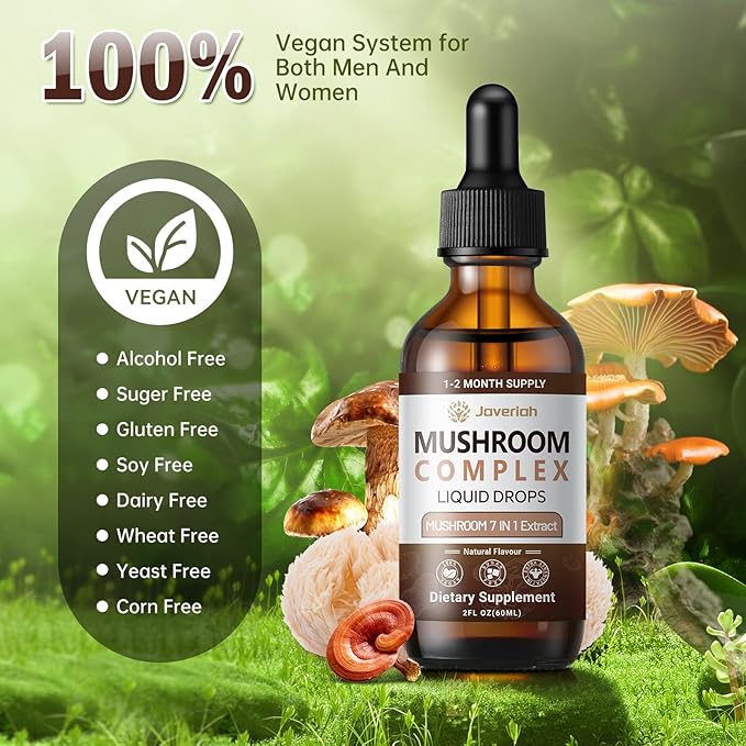 Mushroom Complex Liquid Drops Supplement with Lion's Mane, Shiitake, King Trumpet, Turkey Tail, Reishi, Cordyceps & Chaga,7 in 1 Mushrooms Complex Blend Tincture 2 fl oz