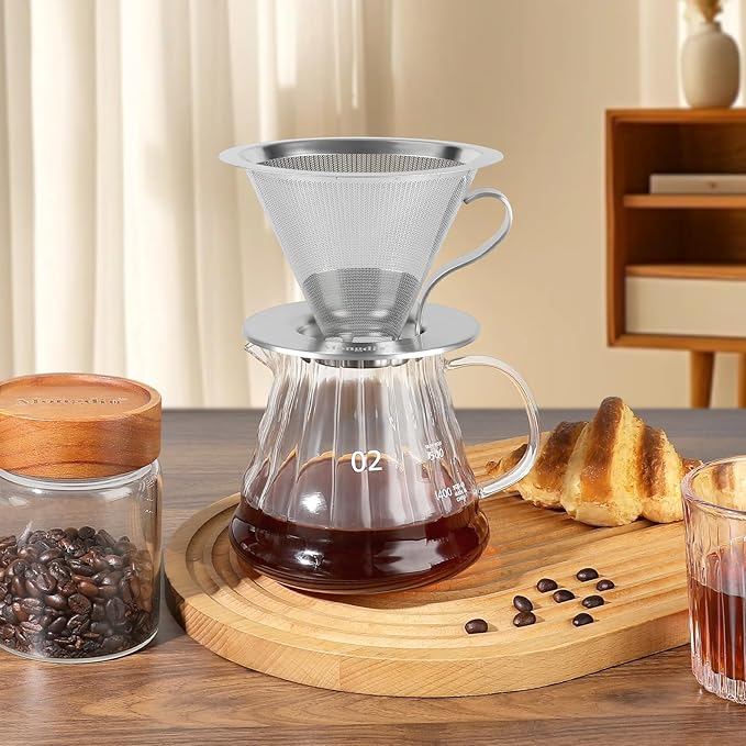 Mongdio Pour Over Coffee Dripper, Stainless Steel Coffee Dripper, Reusable Metal Coffee Filter, Double-Mesh Design, Clever Dripper with Handle, For Home, 1-4 Cups