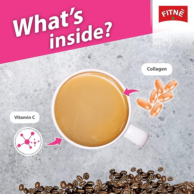 FITNE Instant 3 In 1 Coffee Packets Mix With Natural Hydrolyzed Collagen Vitamin C Smooth Blend Tasty Aromatic No Sugar Sucralose Sweetener, 30 Sachets