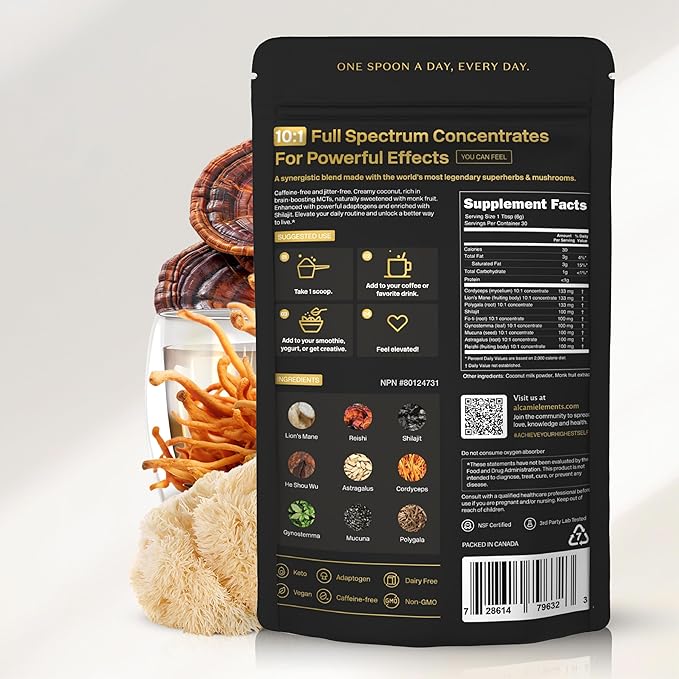 Mushroom Espresso Coffee Superfood Blend, 10X Concentrated Extract, with Lion's Mane, Reishi & Cordyceps, Energy & Focus Support, 30 Servings, Premium Supplement Powder