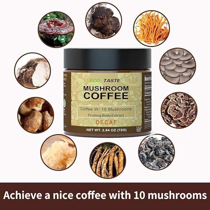 Decaf Mushroom Coffee - 36 Servings, Instant Coffee Mix Includes 10 Mushrooms Extract Powder, 72 Grams