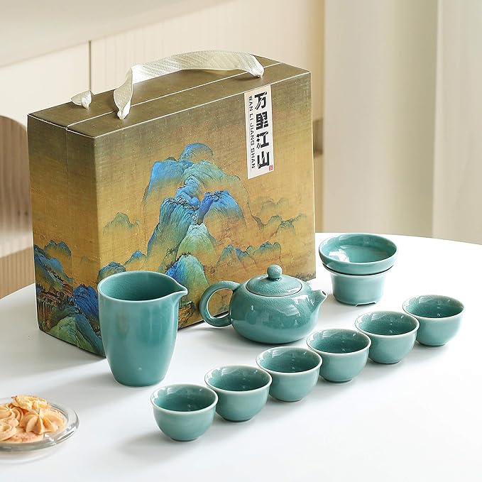 Chinese Tea Set, 10-Piece Ceramic Set with Teapot and Cups, Gongfu Tea Set,Tea Gift Sets,Outdoor and Office (Ge Kiln Green)