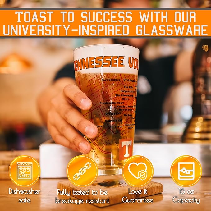 Greenline Goods – University of Tennessee Volunteers College Pint Beer Glasses (Set of 2), 16 oz – Full-Color Logo + Campus Map