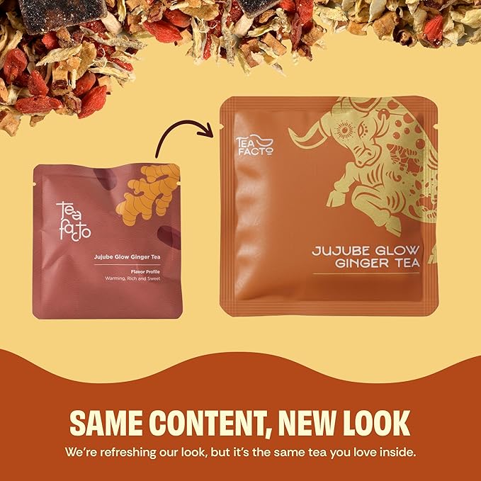 Tea Facto Inner Glow* Jujube Ginger Tea Bags with Dried Ginger Roots and Red Dates - Natural Fiber, Zero Added Sugar, Zero Caffeine - 10 Count