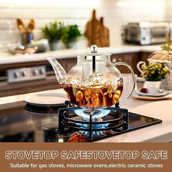 Long-Mouth Glass Teapot 34oz/1000ml with Removable Loose Tea Infuse - Glass Tea Kettle for Stove Top Removable Stainless Steel Strainer, Microwave & Dishwasher Safe, Tea Maker