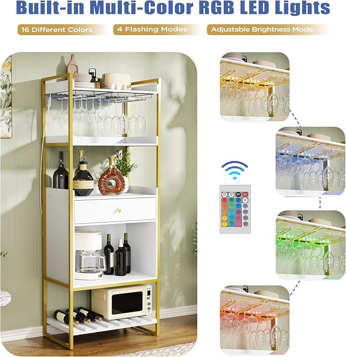 Wine Bar Cabinet with LED Lights, Industrial 67" Tall Coffee Bar with Glass Rack, Liquor Cabinet Wine Rack Storage Metal Wood Sideboard Buffet for Home Dining Living Room, White & Gold