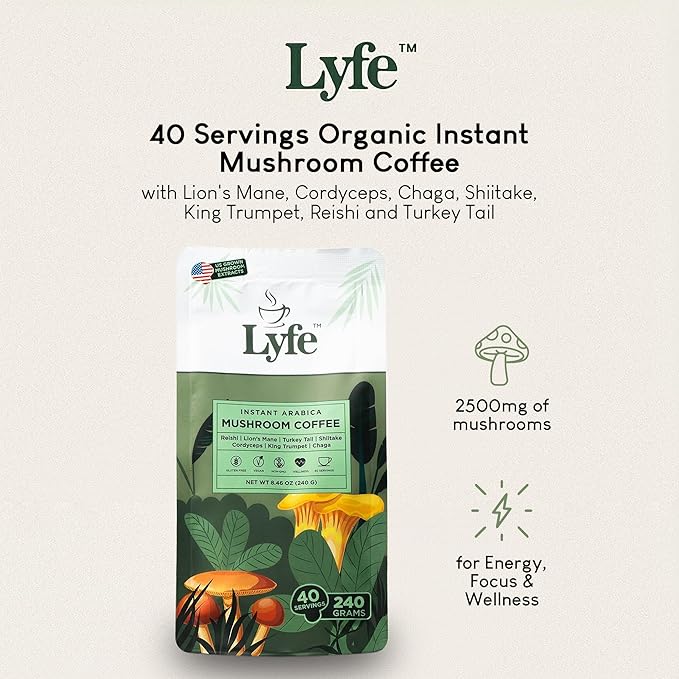 LYFE Organic Instant Mushroom Coffee, 40 Servings – Lion’s Mane, Chaga, Cordyceps & Turkey Tail | USA Grown Adaptogenic Blend for Energy, Focus & Wellness - Natural Superfood Coffee for Daily Vitality