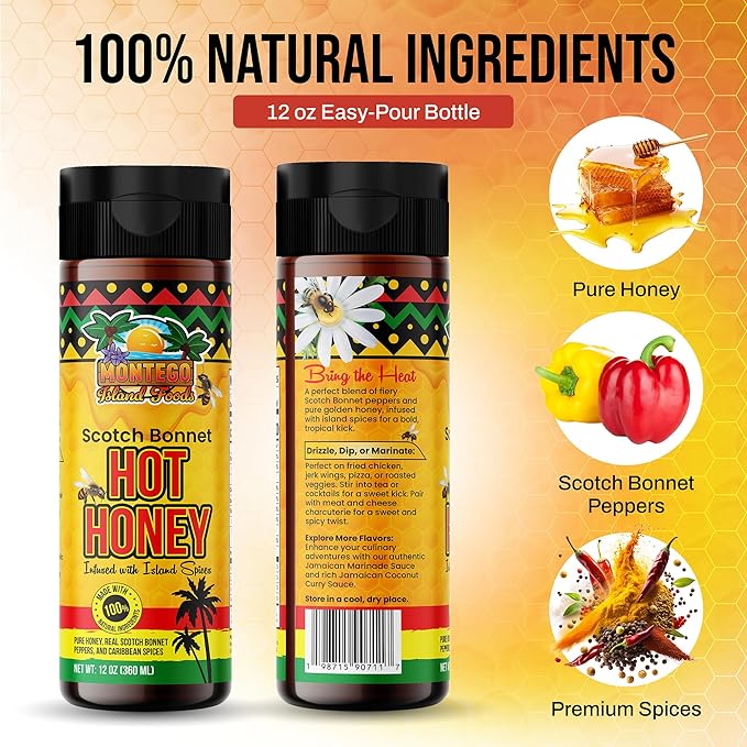 Montego Island Foods Scotch Bonnet Hot Honey – Sweet Heat with a Caribbean Kick – Made with All Natural Ingredients & Bold Spices – 12 oz Bottle (Net Wt. 16 oz) – For Drizzling, Dipping & Glazing