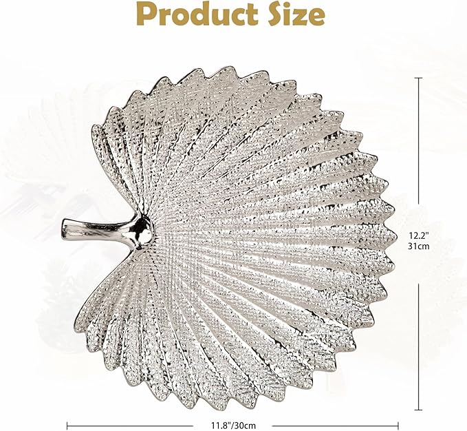 Silver Leaf Decorative Serving Tray for Table Centerpiece – 12" Ceramic Leaf-Shaped Trinket Dish, Candle Tray, Vanity Organizer, Coffee Table Decor, Modern Glam Home Decor, Gifts for Women