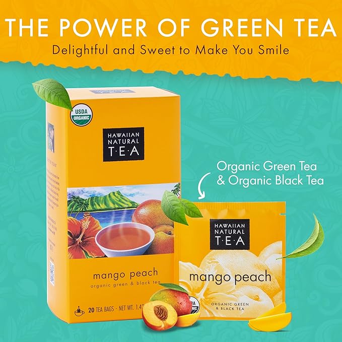 Hawaiian Natural Tea Mango Peach Flavored Organic Tea - Tropical Fruit Green and Black Tea Blend - Perfect Daily Cup & Gift for Special Occasions - 60 Tea Bags