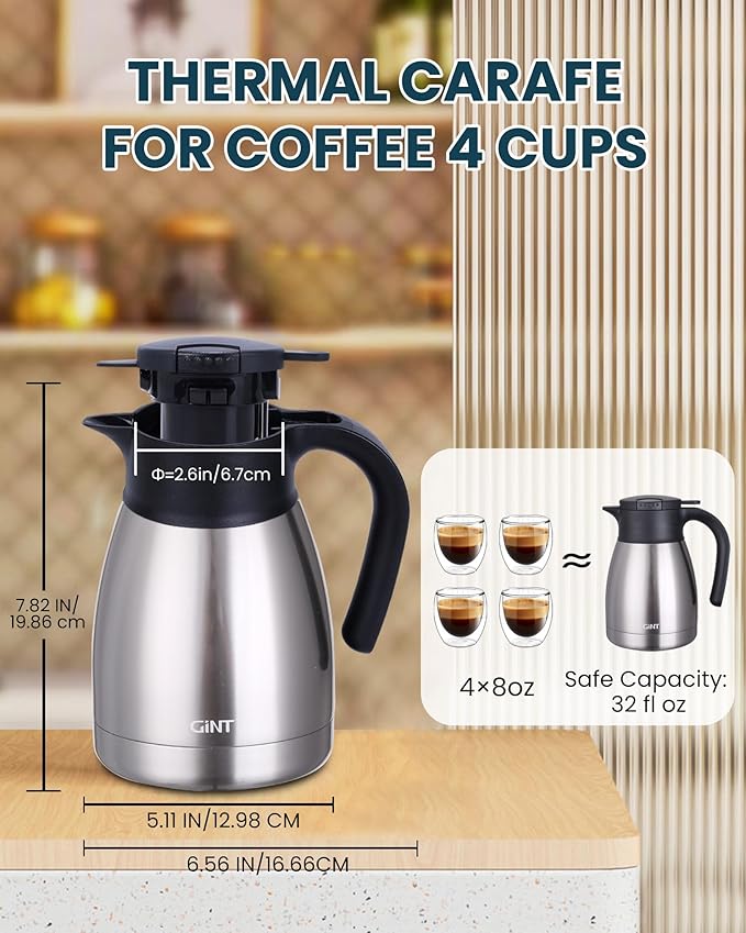 GiNT 34Oz Thermal Coffee Carafe, Insulated Stainless Steel Coffee Carafes for Keeping Hot/Double Walled Vacuum Coffee Carafe (Silver, 1L)
