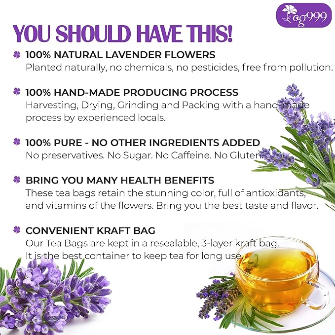TOG999, Premium 60 Lavender Flower Tea Bags, 100% Natural & Pure. Loose Flower Lavender Herbal Tea. No Sugar, No Caffeine, No Gluten, Vegan.