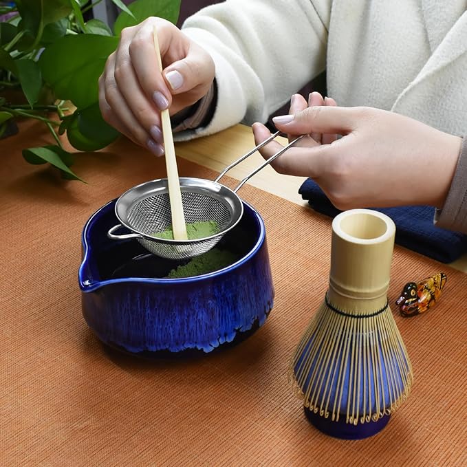 Artcome Matcha Tool Set - Complete Kit with Matcha Bowl with Spout, Bamboo Whisk, Tea Scoop, Whisk Holder, Scoop Holder, Tea Cloth & Powder Strainer, Glaze Blue