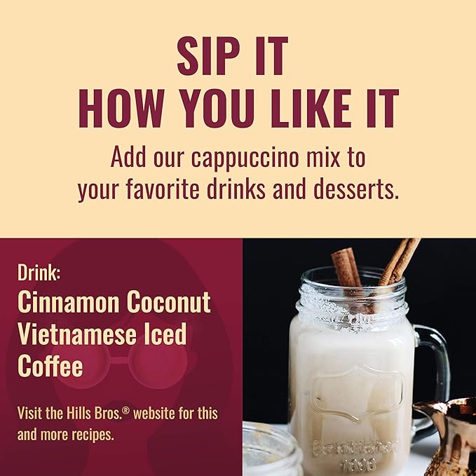 Hills Bros. Cappuccino Mix – Rich, Frothy Coffeehouse-Tasting Instant Drink Mix – Quick and Easy Preparation – Perfect for Hot & Iced Drinks & Creaming Coffee – White Chocolate Caramel, 1 Pack of 16oz