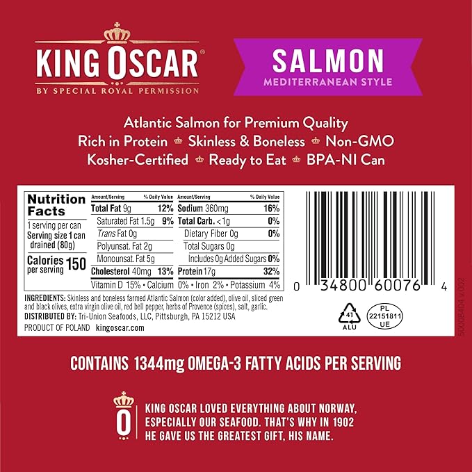 King Oscar Premium Salmon in Olive Oil, Mediterranean Style, 4.05-Ounce Cans (Pack of 12, Packaging May Vary), Skinless & Boneless Salmon