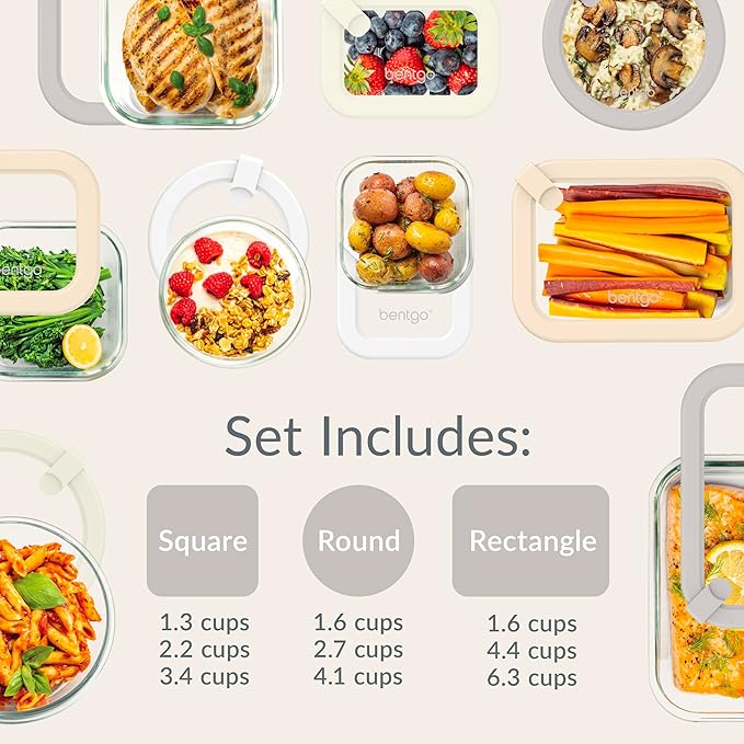 Bentgo Signature Leak-Proof Glass Food Storage - 18-Piece Set, 1-Compartment Plastic-Free Containers with Airtight Glass Lids, BPA-Free, Microwave, Freezer, Oven & Dishwasher Safe (White Stone)