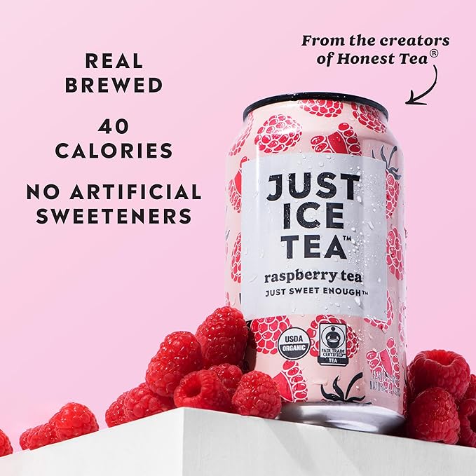 Just Ice Tea, Raspberry Flavored Black Iced Tea, 12-Pack (12oz Cans), USDA Certified Organic, Low Calorie, No Artificial Sweeteners, Fair Trade, Made in USA.