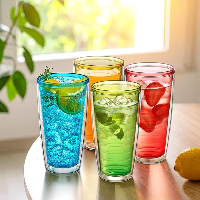 Amazing Abby - Alaska - 24-Ounce Insulated Plastic Tumblers (Set of 6), Double-Wall Plastic Drinking Glasses, Mixed-Color Reusable Cups, BPA-Free, Shatter-Proof, Dishwasher-Safe