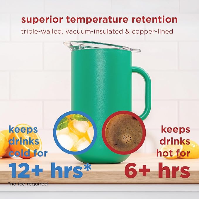 Served Premium Insulated Pitcher (2L/66oz) - Double Walled, Copper Lined Stainless Steel Pitcher with Lid - Vacuum Insulated Carafe for Hot Coffee, Tea, Iced Drinks, Water, Cocktails, and More