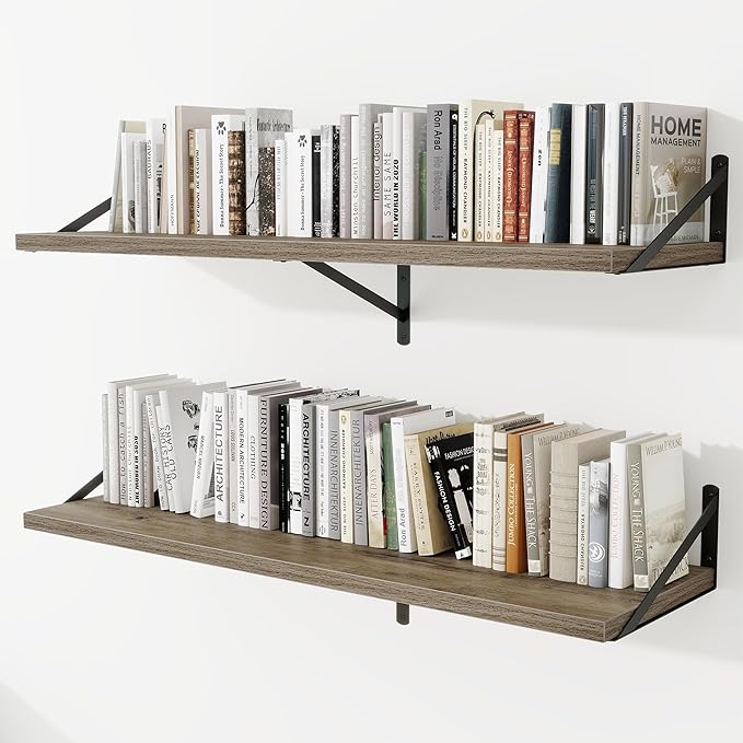 Deep Wall Shelves 48"W x 12"D Engineered Wood Floating Shelves for Wall, Sturdy Metal Bracket Bookshelves Home Decor Storage for Living Room Bedroom Bathroom Kitchen, Set of 2, Grey Finish