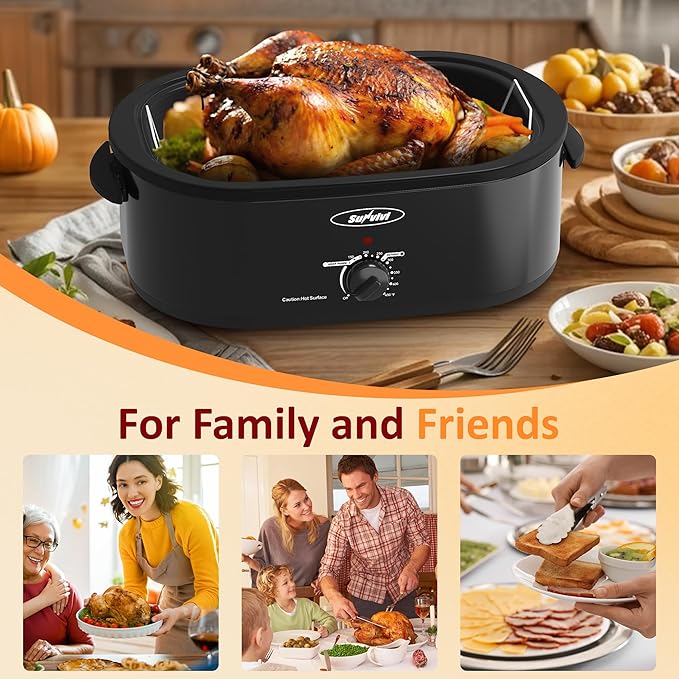 Sunvivi Electric Roaster,18 Quart Roasting Oven with Self-Basting Lid Removable Pan,Turkey Roaster Oven with 150 to 450F Temperature Control Cool-Touch Handles,Black