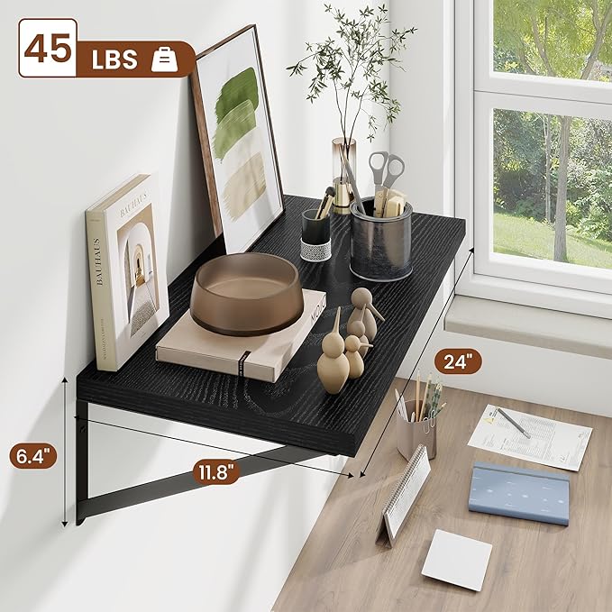 Deep Wall Shelves 24"W x 12"D Engineered Wood Floating Shelves for Wall, Sturdy Metal Bracket Bookshelves Home Decor Storage for Living Room Bedroom Bathroom Kitchen, Set of 2, Black Finish
