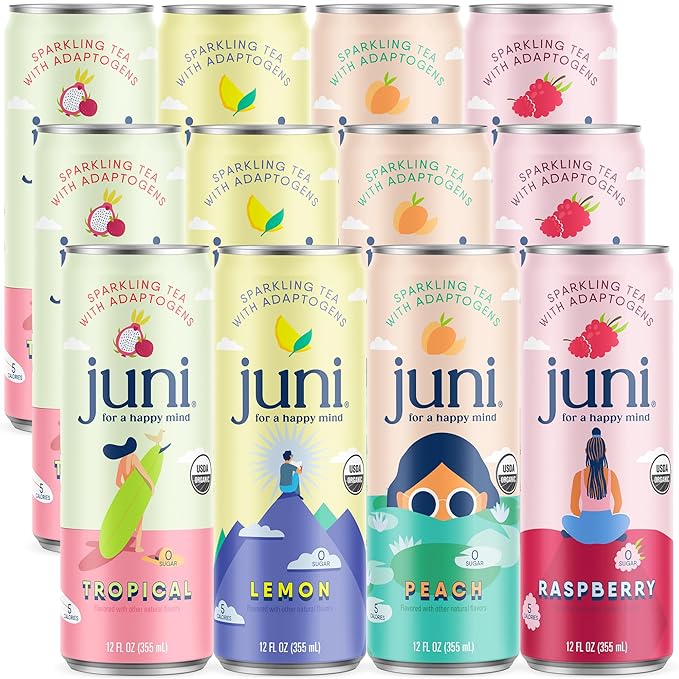 Juni Sparkling Adaptogen Drink with Ashwagandha, Lion's Mane & Reishi Mushrooms, Green Tea for Focus, Zero Sugar, 5 Calories, All Flavors 24-Pack